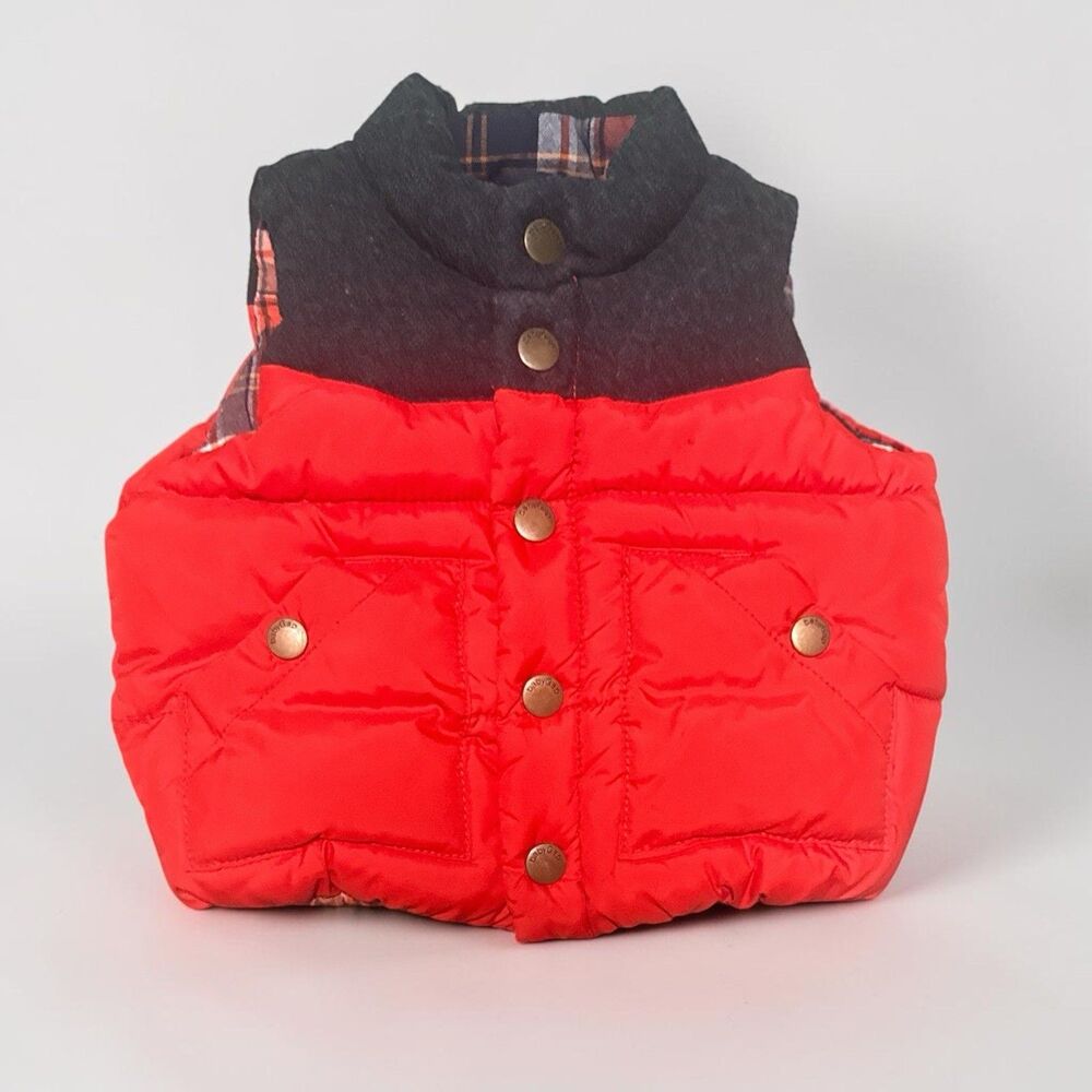Baby Gap Puffer Vest 6-12 Months Red Orange Plaid Lined Snap Front Killer Tomato